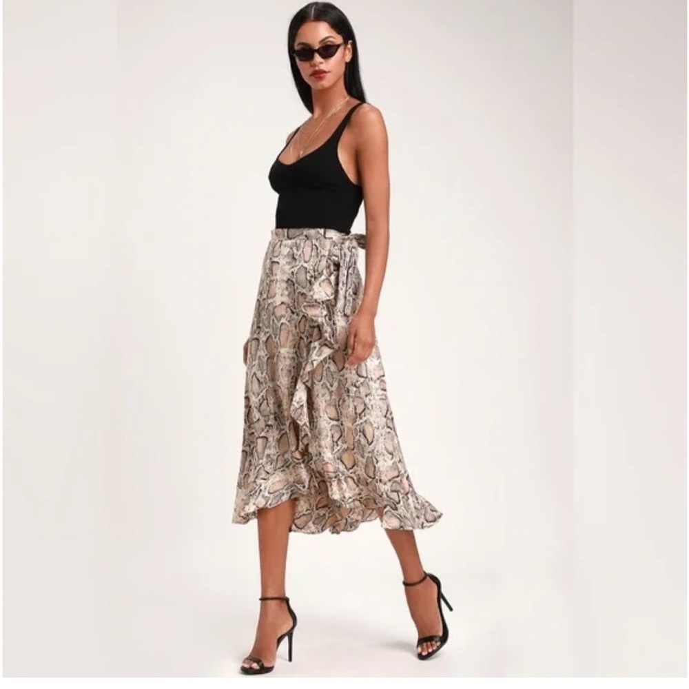 Lulu’s She's Wild Beige Snake Print Wrap Midi Skirt